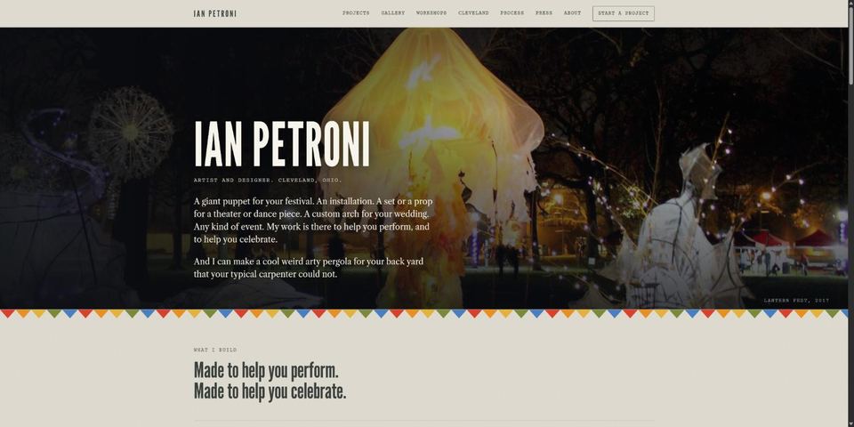 Ian Petroni's home page: a glowing giant puppet at a night lantern festival