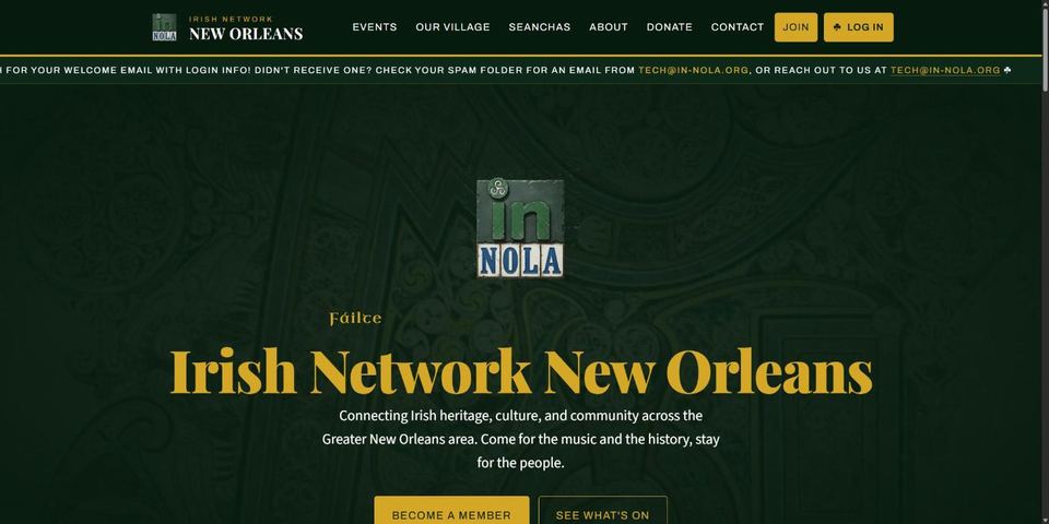 The Irish Network New Orleans home page: gold lettering on deep green Celtic knotwork