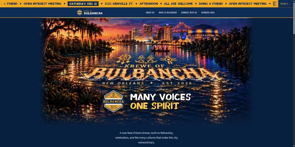 The Krewe of Bulbancha home page: a painted New Orleans skyline at dusk over the water, with the motto Many Voices, One Spirit