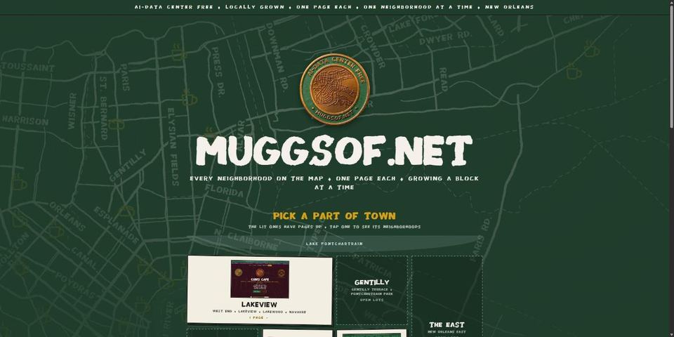The muggsof.net home page: a copper coin over a green map of New Orleans, with neighborhood cards below