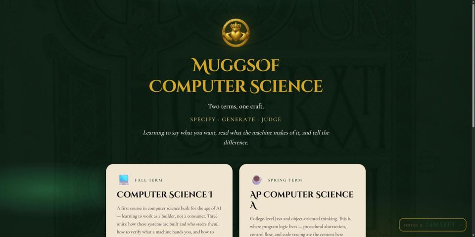 The MuggsOf Computer Science home page: a gold claddagh crest above the course titles on dark green